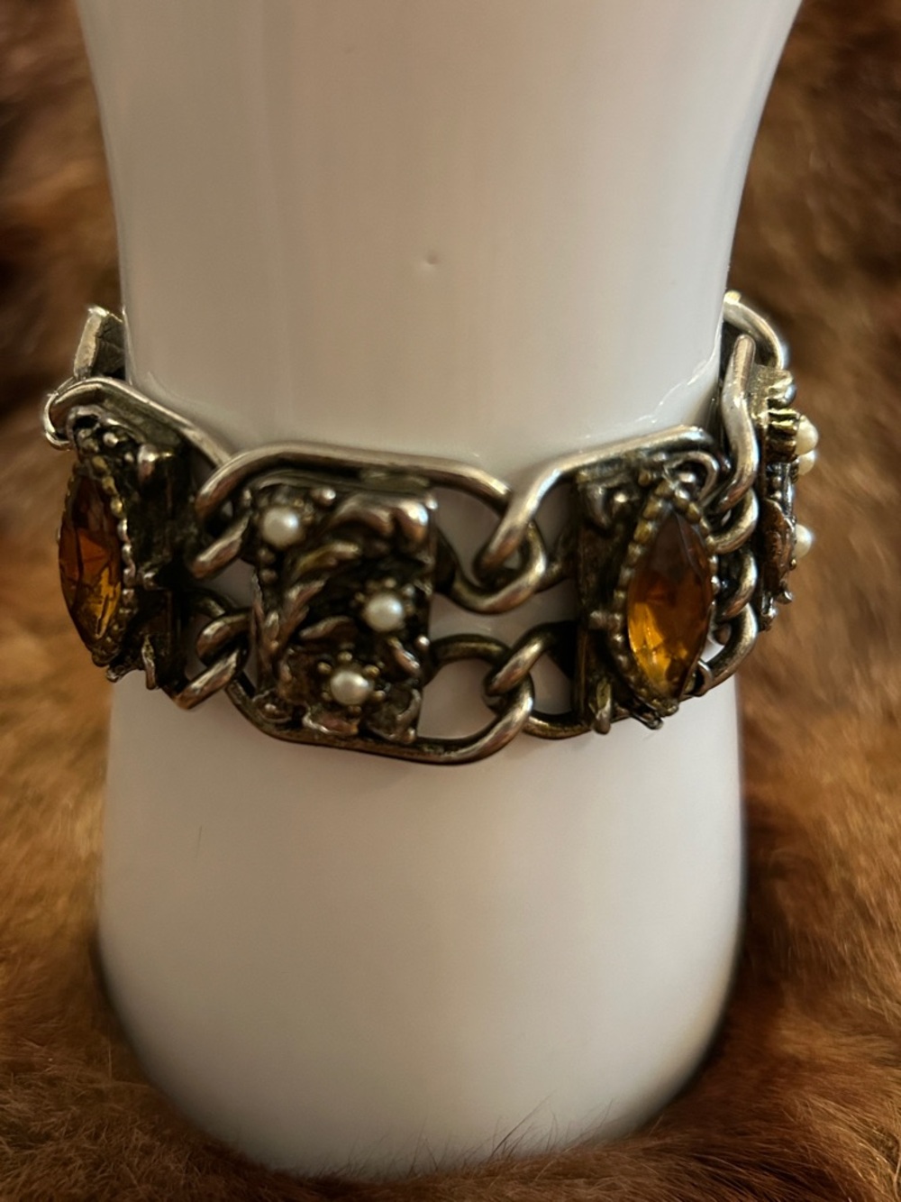 Amber Crystal and Pearl Link Bracelet